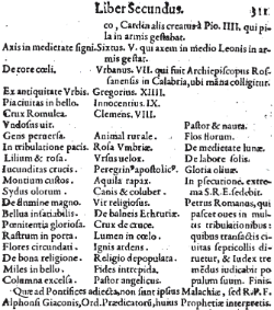 Fragments no 1595.gada grāmatas “Dzīvības koks” (Lignum Vitae), kur pārpublicēts sv.Malahija pravietojums.