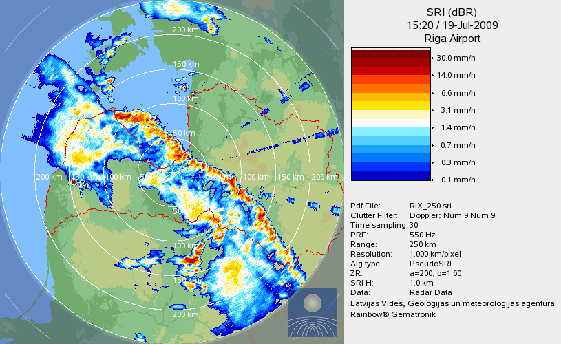 Meteoroloģiskie radari un zibens izlāžu karte