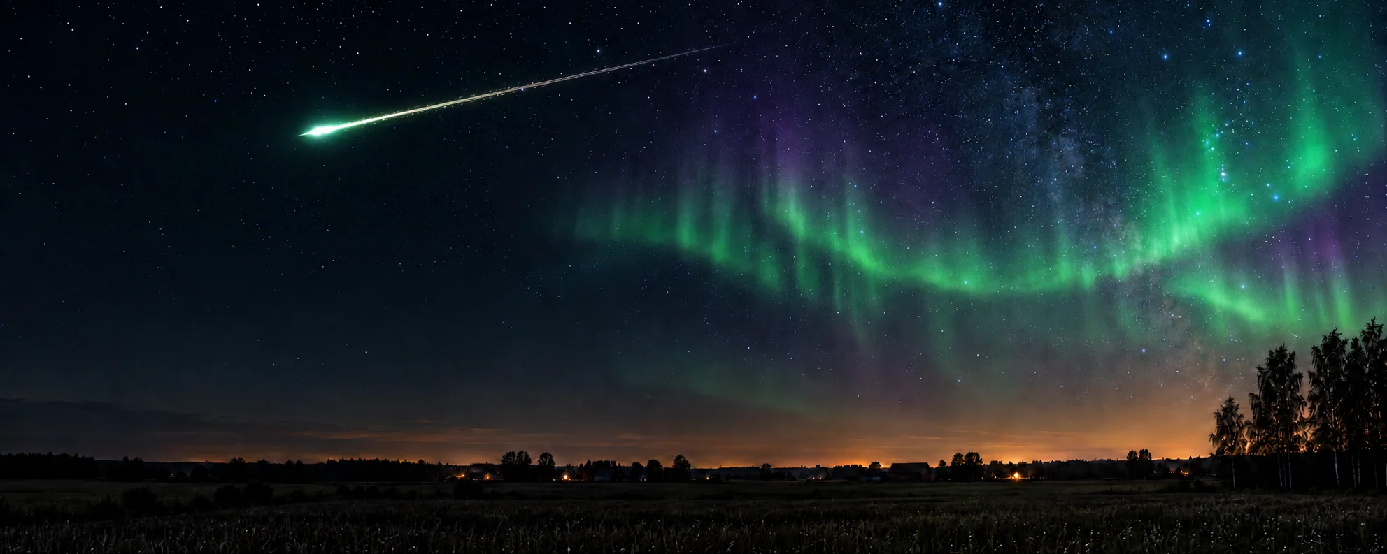 Gandrīz horizontāla bolīda svītra nakts debesīs un zaļi violeta ziemeļblāzma virs Latvijas lauku ainavas.