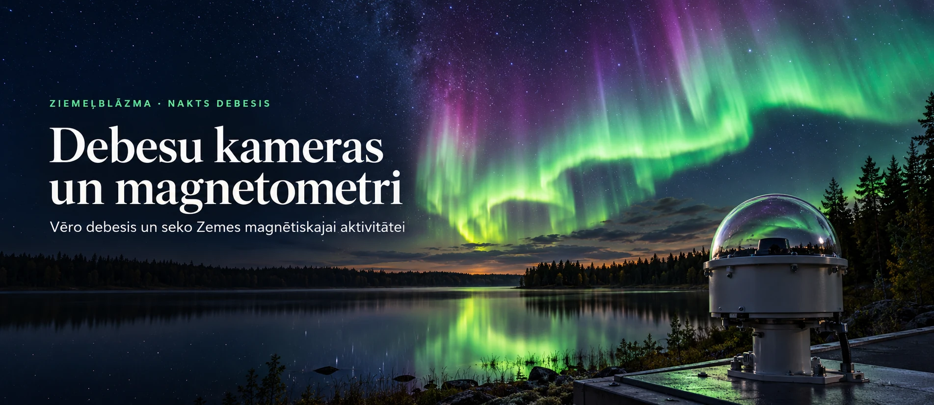 Debesu kameras un magnetometri. Vēro debesis un seko Zemes magnētiskajai aktivitātei. Ziemeļblāzma virs ezera un visas debess kamera.