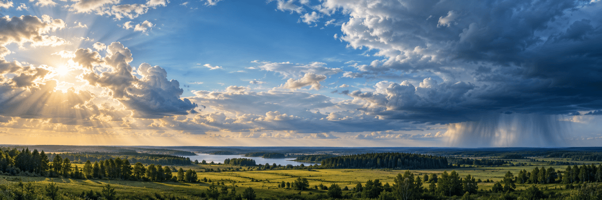 Saules apspīdēti mākoņi un tāla lietus josla virs Latvijas pļavām, mežiem un ezera