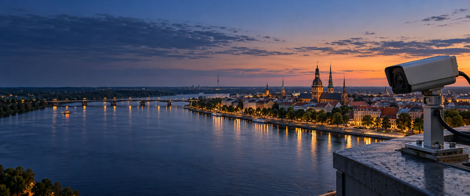 Tiešsaistes kamera priekšplānā un Rīgas panorāma pār Daugavu saulrietā