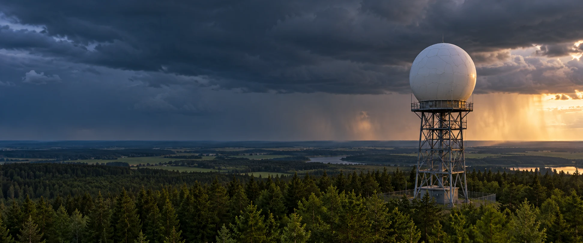 Meteoroloģiskā radara kupols virs meža zem negaisa mākoņiem