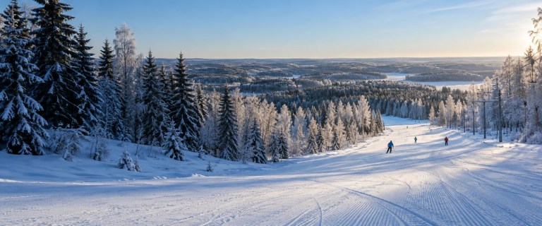 Slēpotāji sniegotā paugura trasē starp apsarmojušām eglēm un bērziem